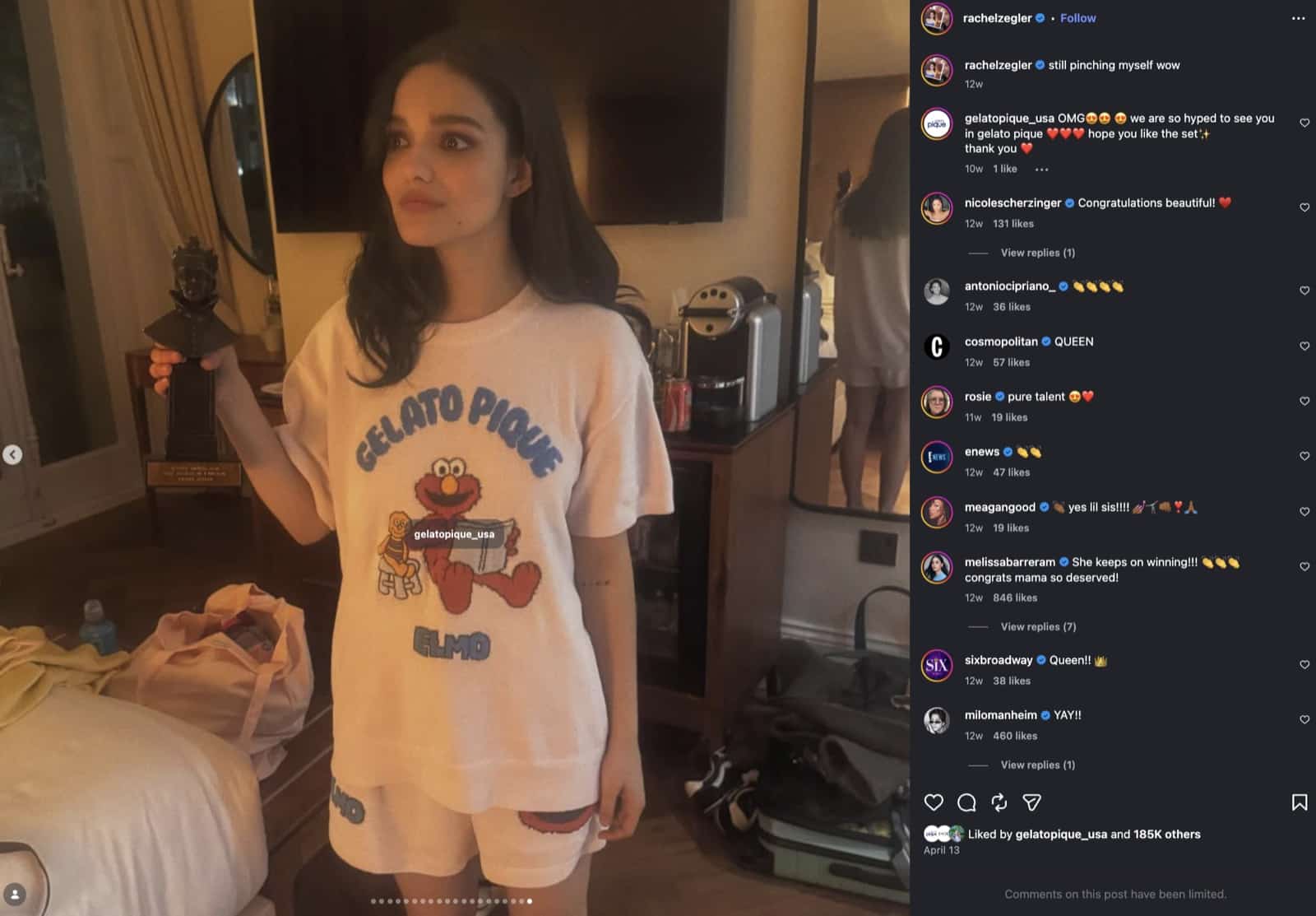 Rachel Zegler wearing the Gelato Pique Sesame Street collab