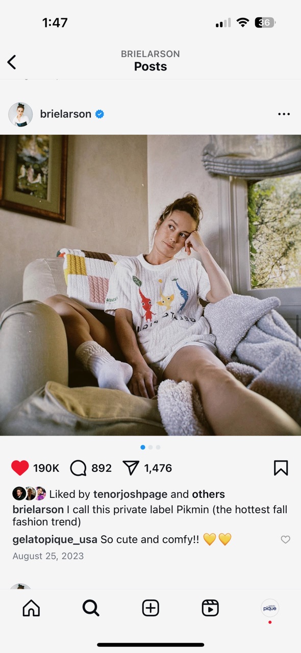 Brie Larson wearing the Gelato Pique Pikmin collab with an Eames collab blanket